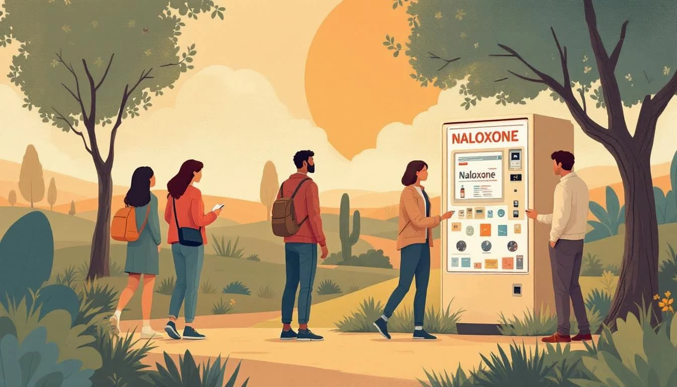 Naloxone distribution and harm reduction symbols in warm editorial illustration showing community health response